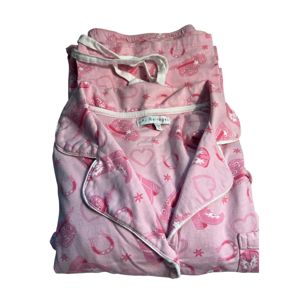 PJ Salvage Blush Pink Jersey Knit Pajama Set Size L Western Rodeo Cowgirl Cowboy